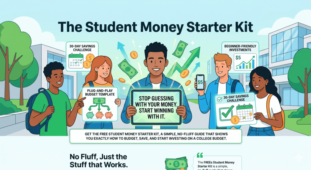 A diverse group of students on campus celebrating financial success with icons for budgeting, saving, and investing.